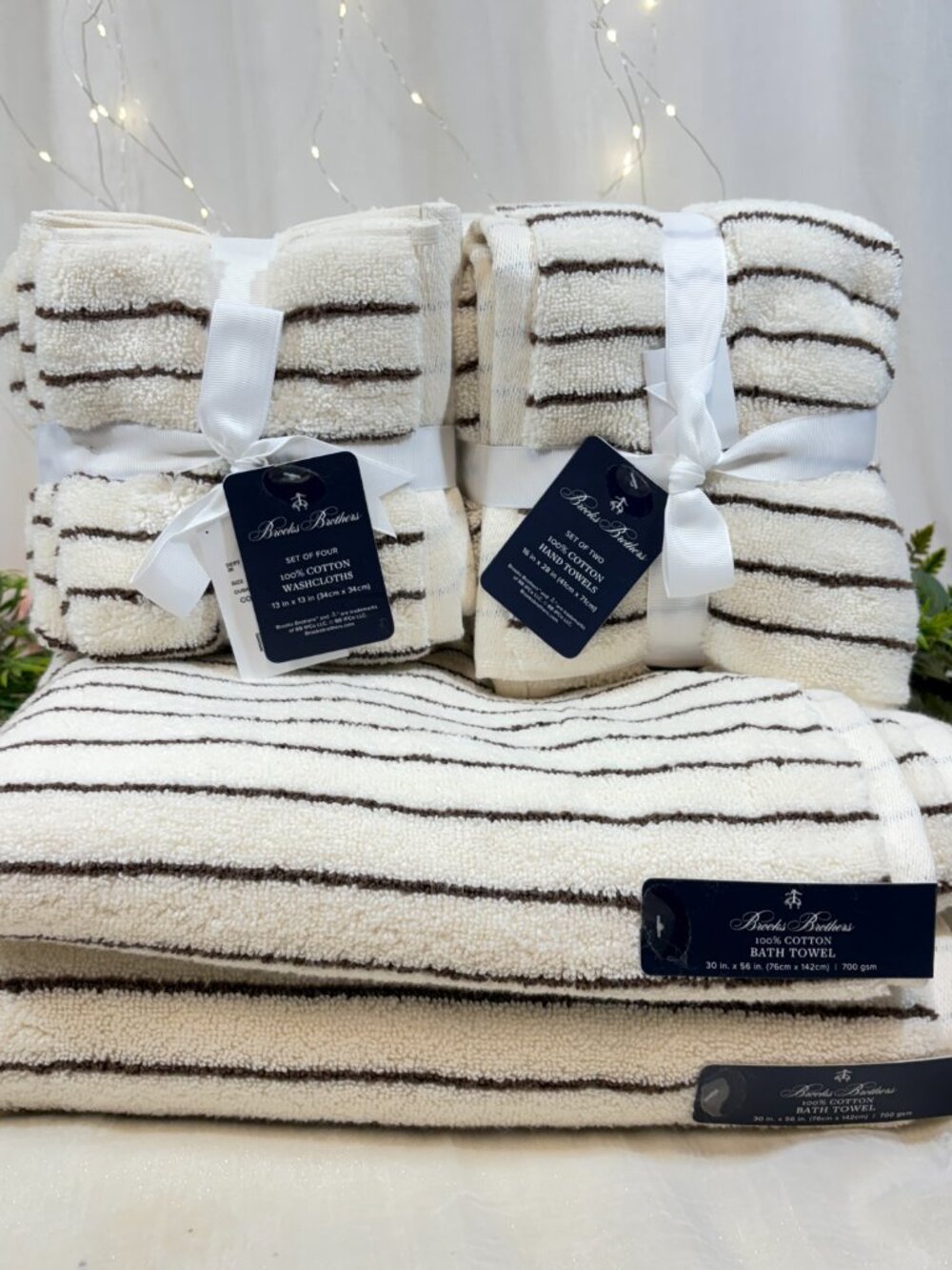 8pc BROOKS BROTHERS Premium Turkish Towel Set Striped Ivory & Dark Brown 700 Gsm